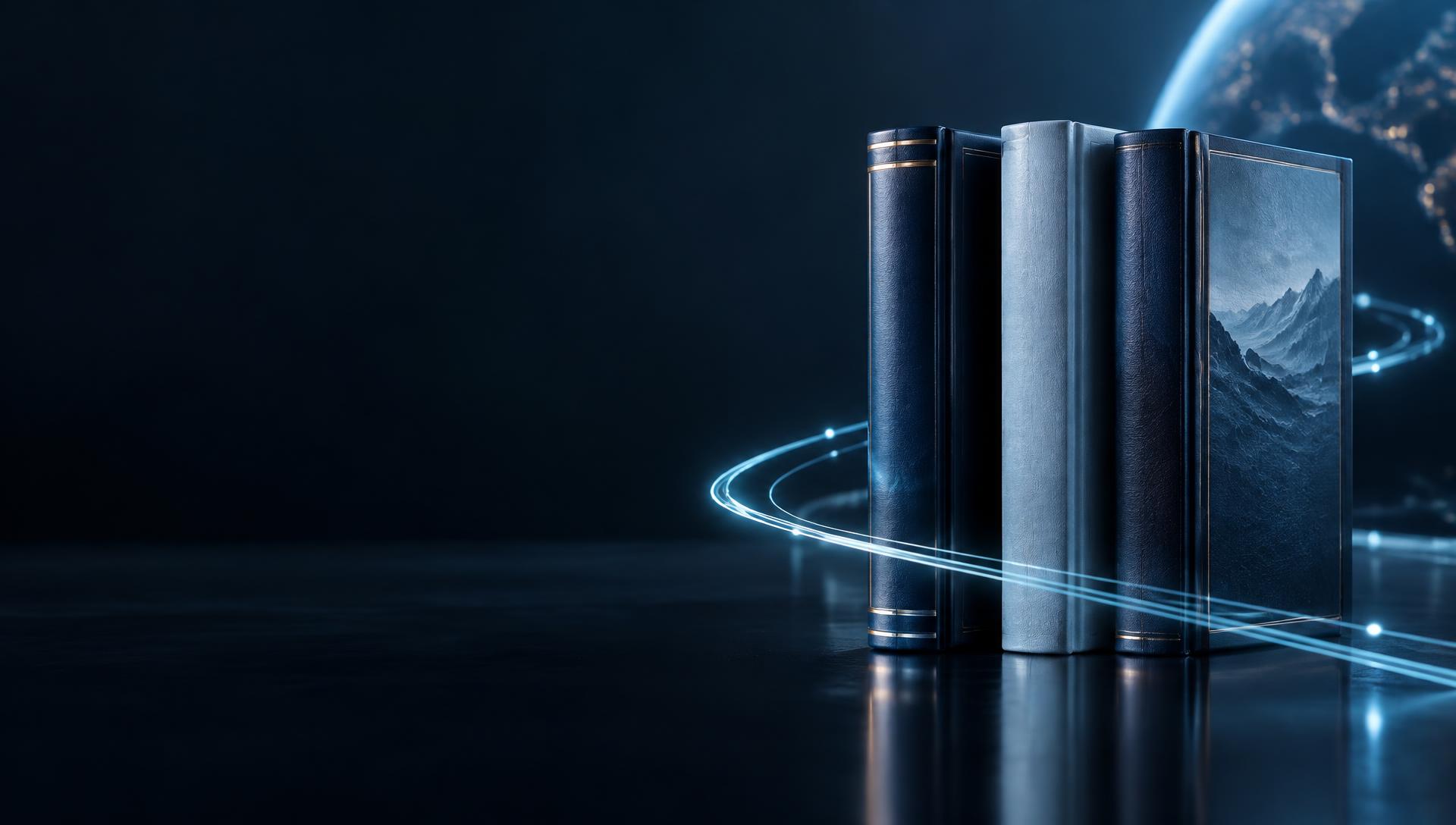 Standing books surrounded by trails of light across a network grid